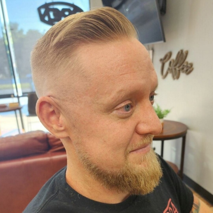 Men's haircut, short on sides, beard trim. 64151