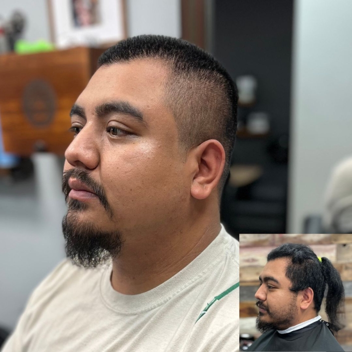 before and after. Man with ponytail and beard trim.